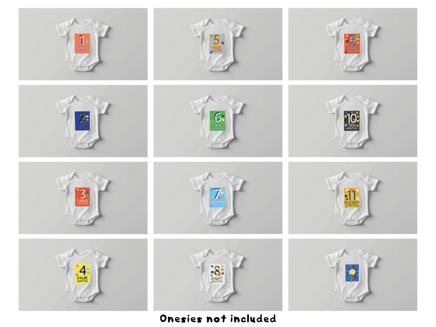 Baby’s First Year Milestones – Set of 12 Illustrated Heat Transfer Vinyl Designs (3.5” x 4.5”)