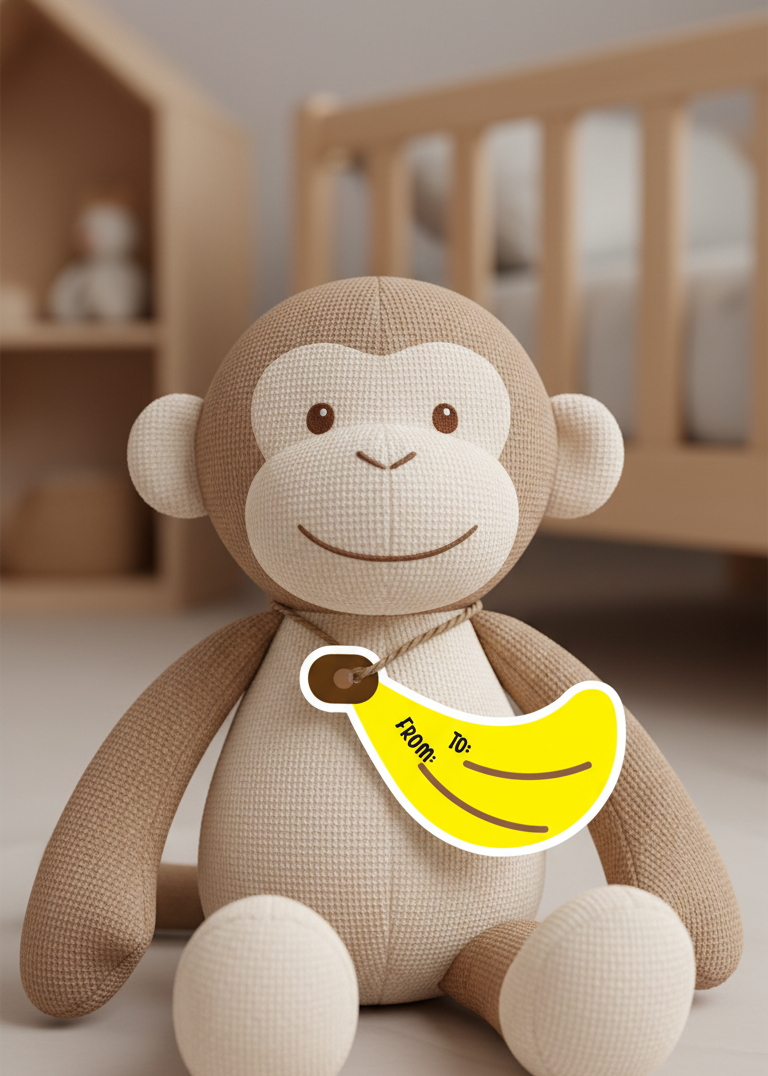 Stuffed monkey toy with a banana patch in a nursery setting