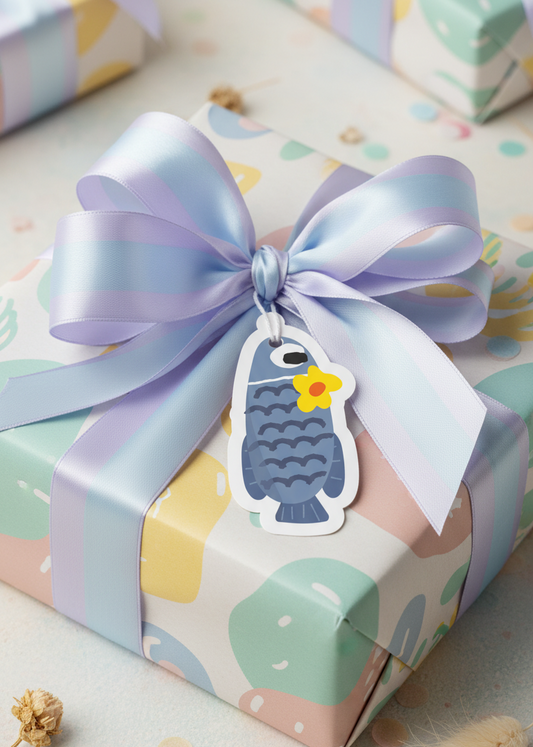 Gift box with a colorful bow and fish with flower tag on a light background