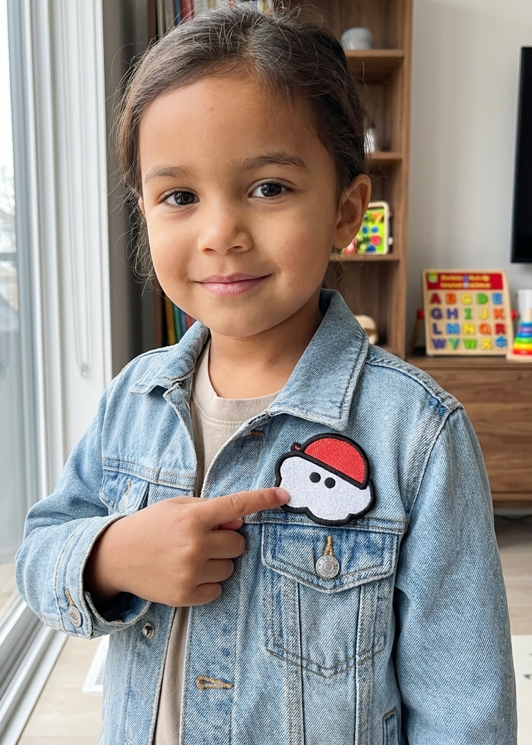 Child wearing a denim jacket with a cartoon character patch, standing indoors.