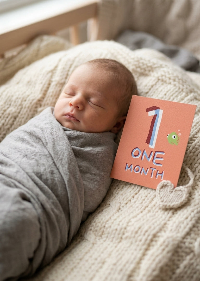 Newborn baby wrapped in a blanket with a 'ONE MONTH' milestone card