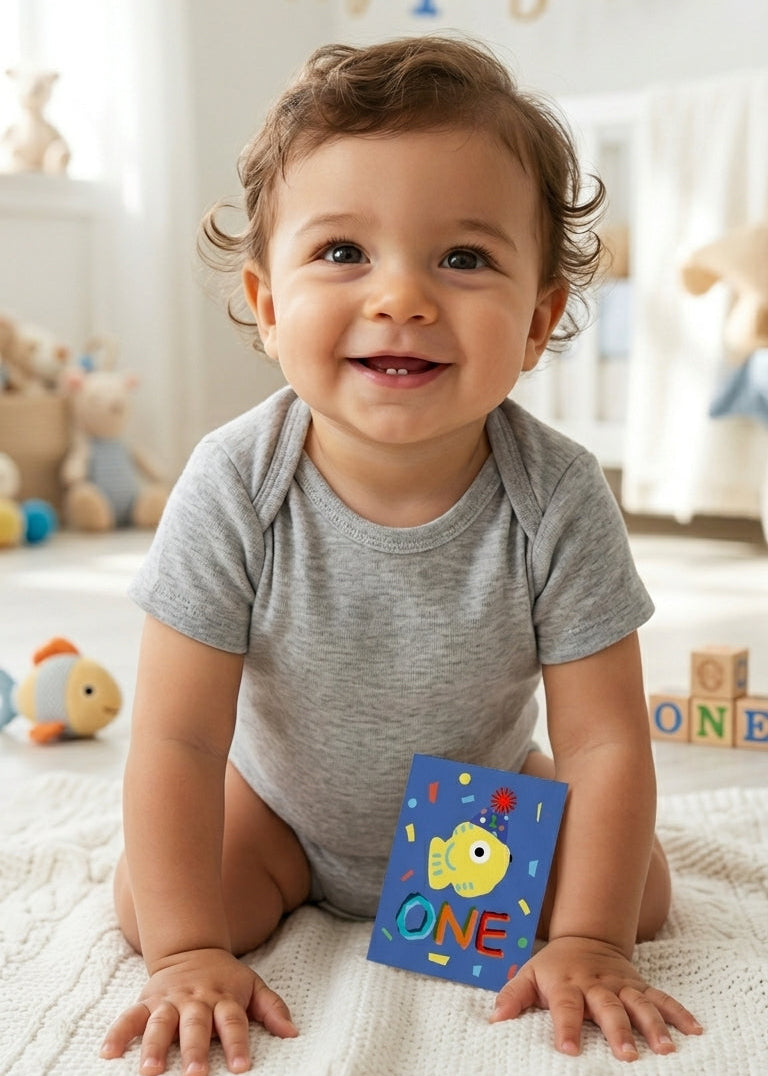 Baby holding a colorful 'ONE' block in a room with toys and 'Happy 1st Birthday' decorations.