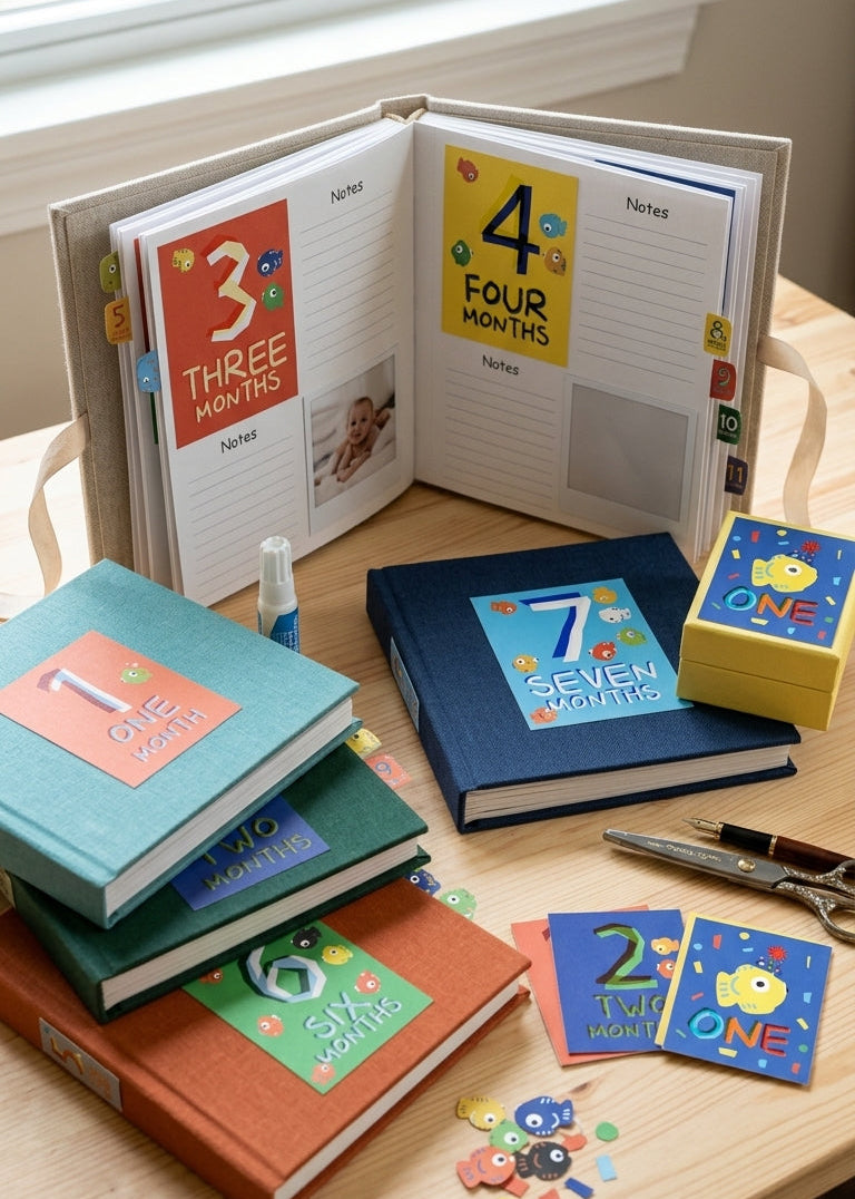 Children's milestone books with colorful pages on a wooden surface.