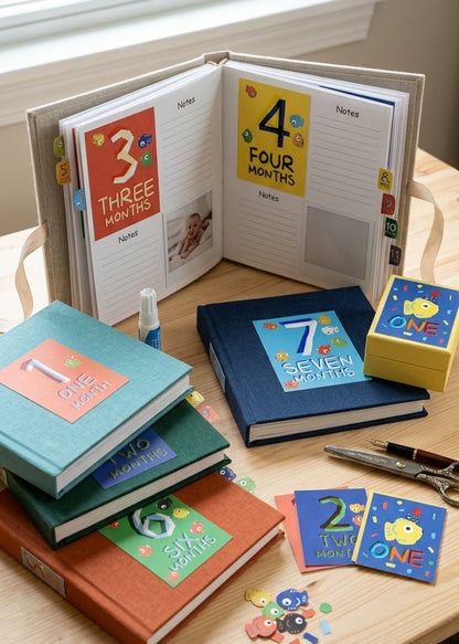 Children's milestone books with colorful pages on a wooden surface.