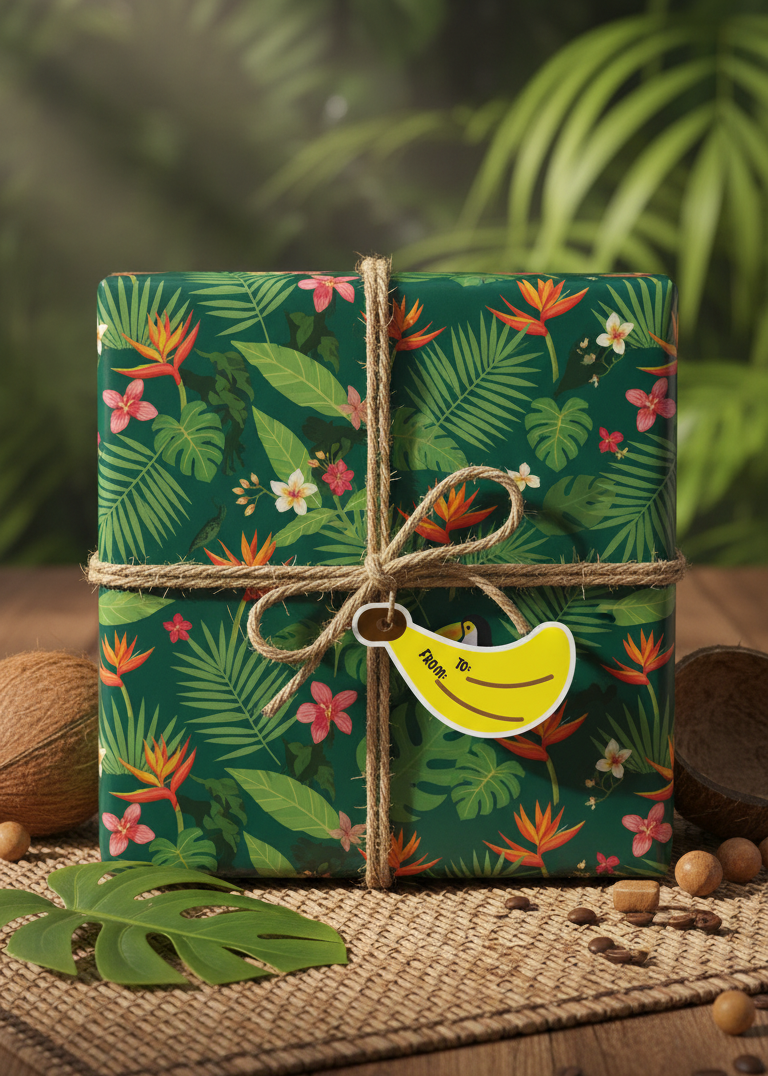 Gift box with tropical pattern and banana gift tag decoration on a wooden surface with plants in the background