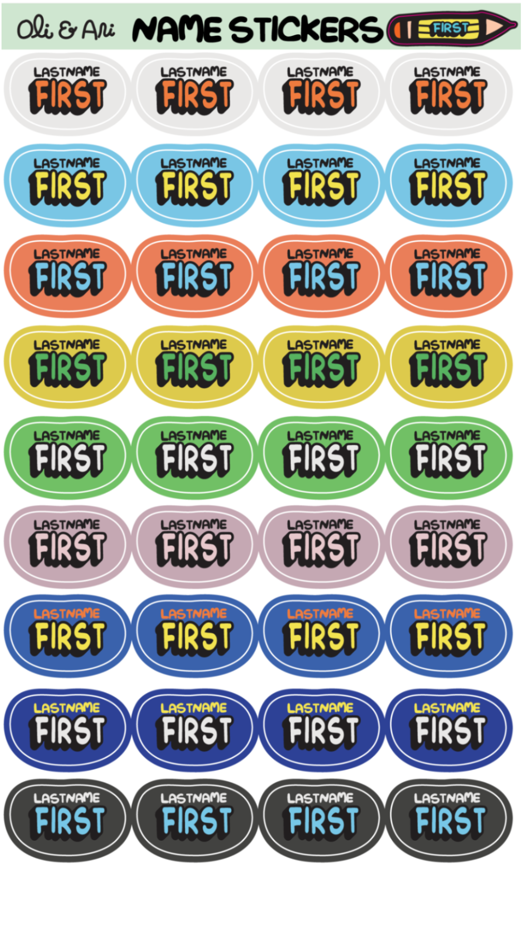 Collection of colorful name stickers with customizable text on a white background