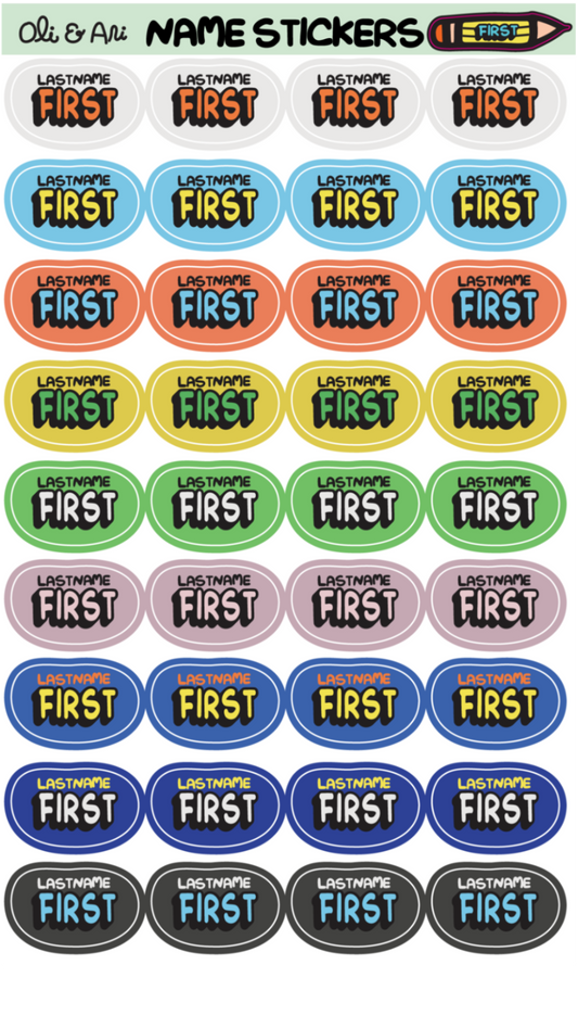Collection of colorful name stickers with customizable text on a white background