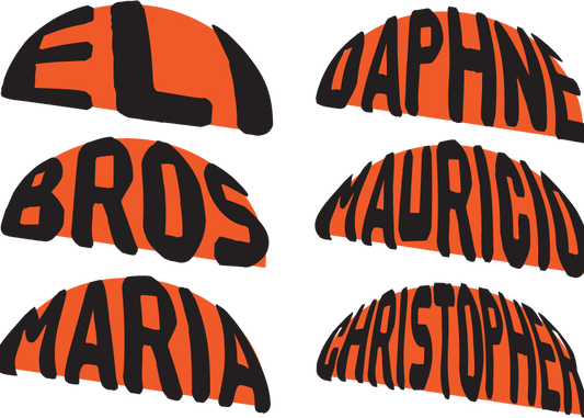 Names in orange and black on a blue background