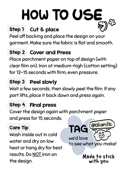 Instructions for using a transfer design with a cartoon character tag at the bottom.
