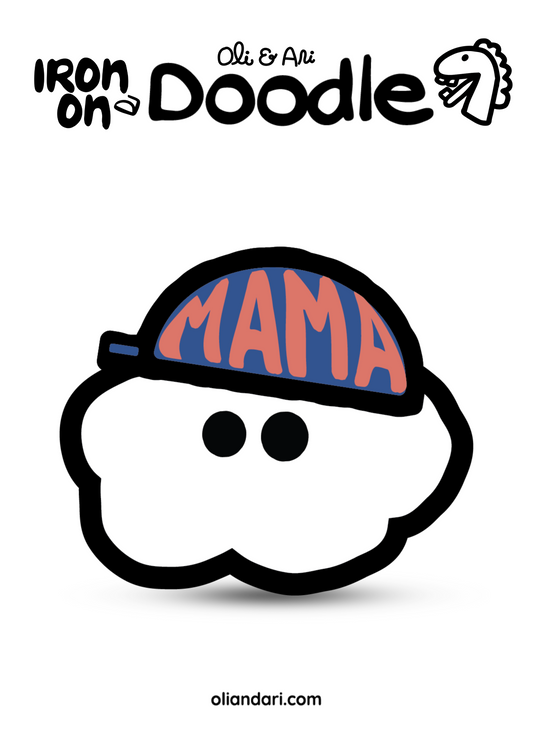 Sticker with 'MAMA' text on a cloud design, featuring the brand 'Iron on Doodle'.