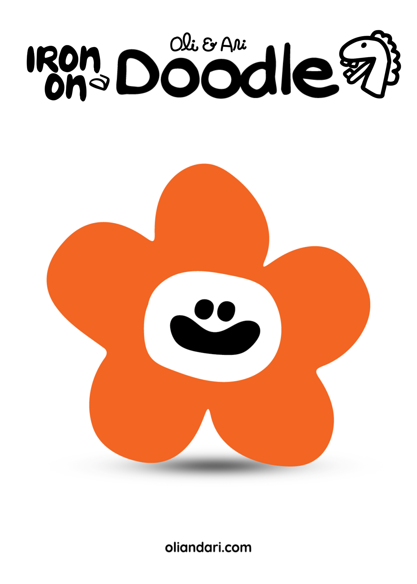 Orange flower with a face on a white background, featuring the text 'Iron on Doodle' and a website URL.