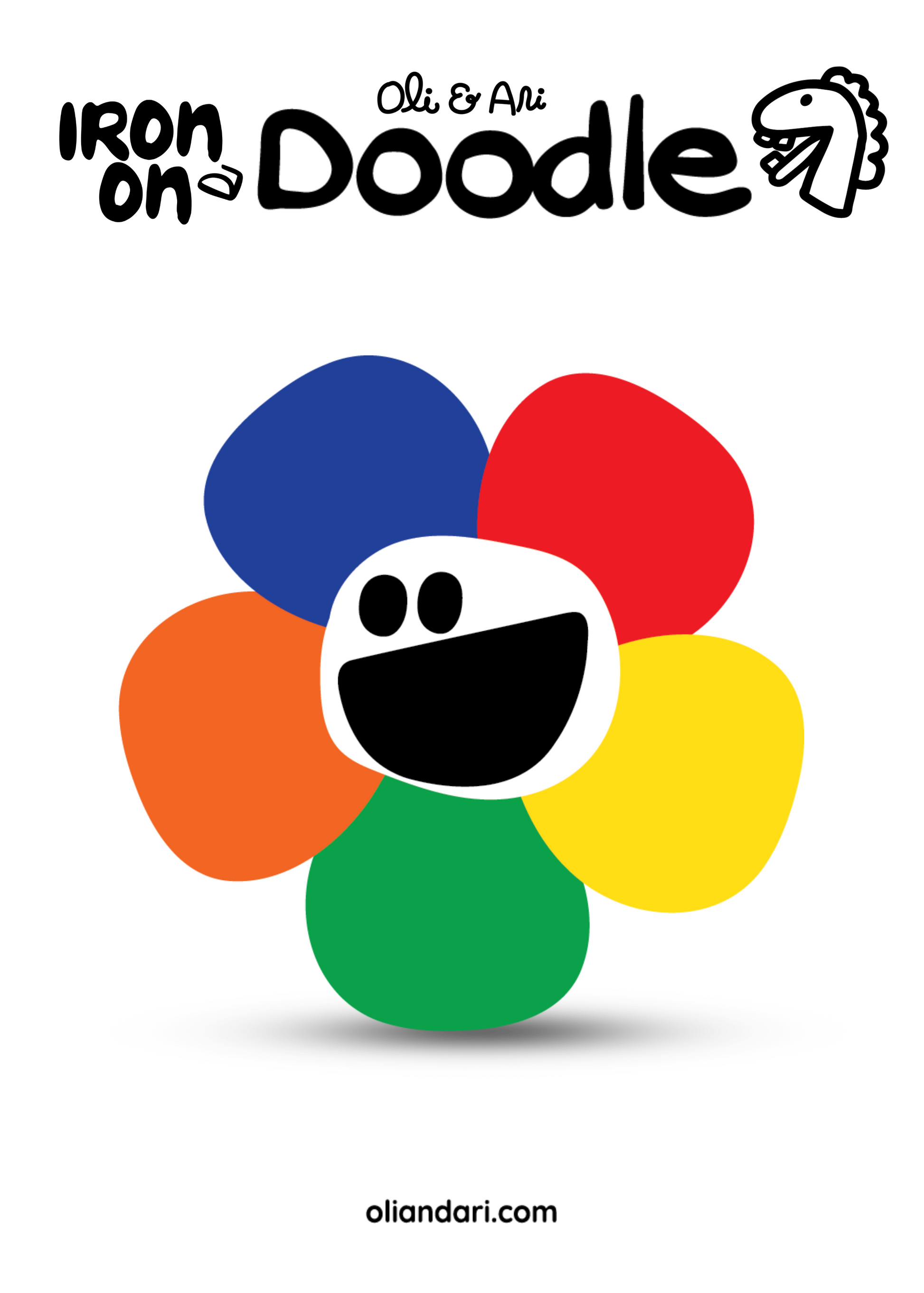 Colorful flower with a face design on a white background, featuring the text 'Iron on Doodle' and a website URL.