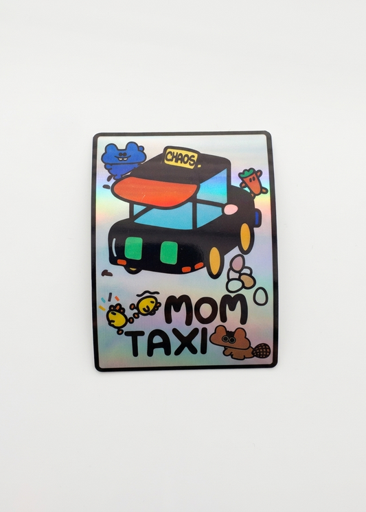 Holographic sticker with a cartoon taxi and 6 whimsical animals running around the car/taxi. 'Mom Taxi' text at the bottom.