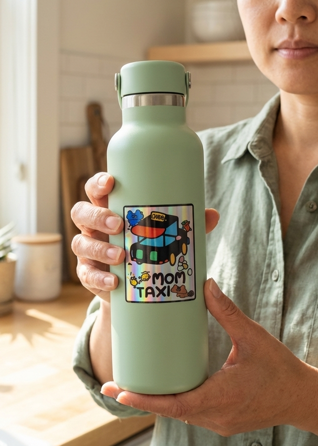 Woman holding a light green water bottle with the Oli & Ari Mom Taxi sticker on top.