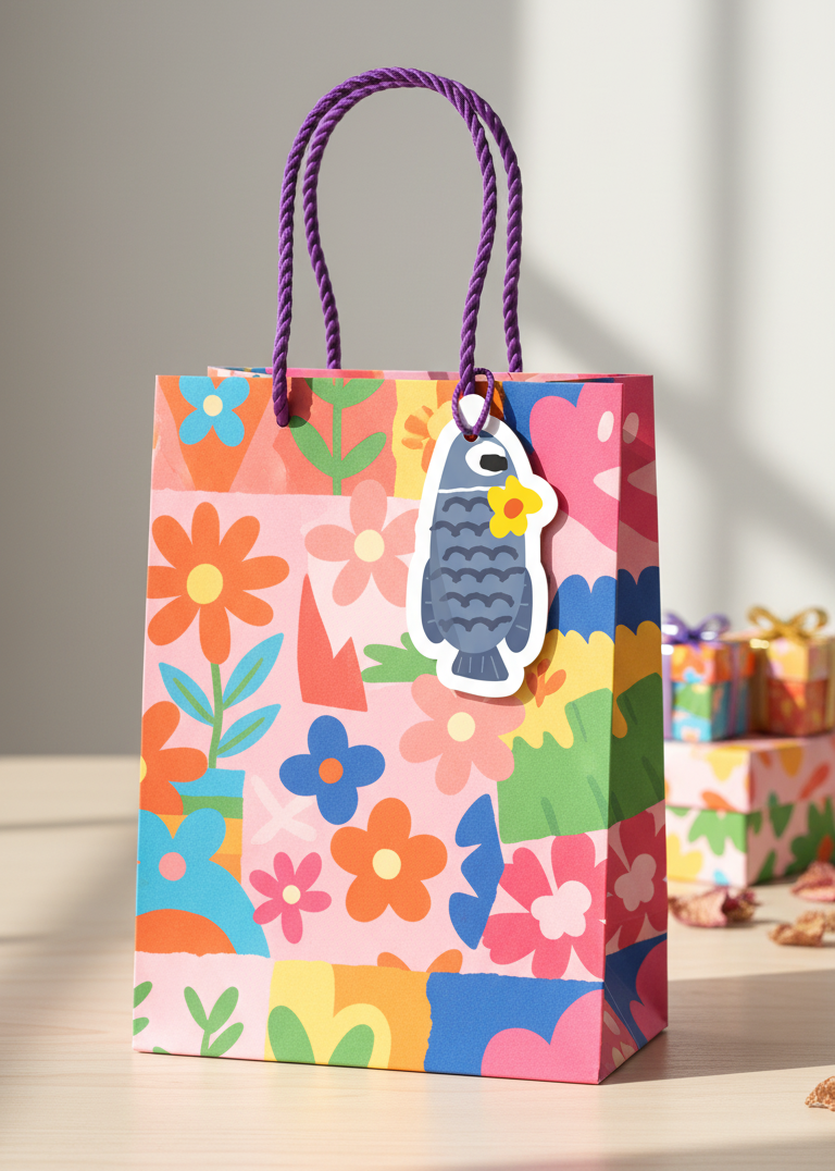 colorful gift bag with a fish and a flower as a gift tag on a wooden table