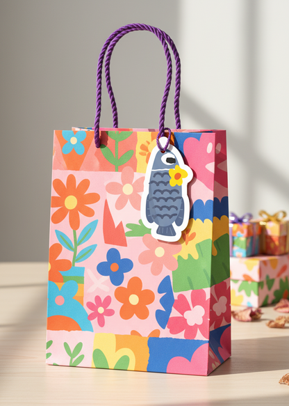 colorful gift bag with a fish and a flower as a gift tag on a wooden table