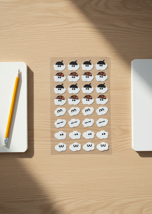 Sheet of stickers with snowmen on a wooden surface with a pencil and white object.