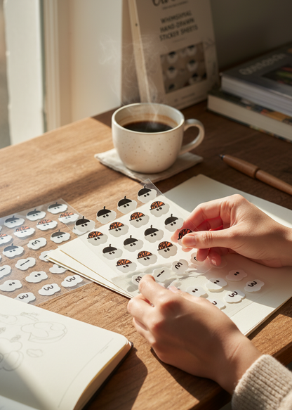 Person arranging stickers on a wooden desk with a cup of coffee and stationery items.