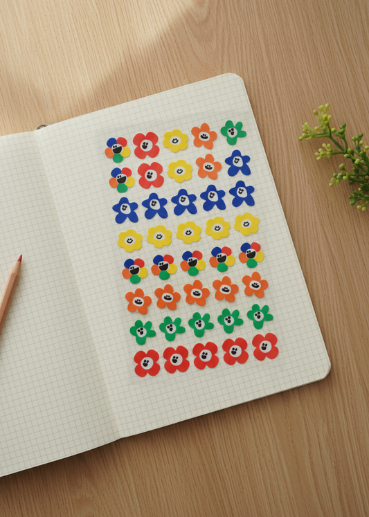 Notebook with colorful flower stickers on a wooden surface