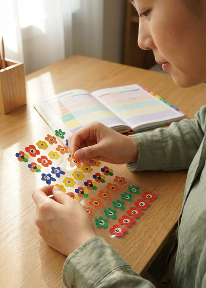 Person arranging colorful flower-shaped stickers on a wooden table.