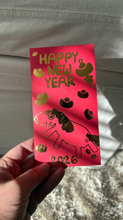 2026 Limited Edition Handmade Gold-Foiled Red Envelopes (Lunar New Year, Year of the Horse) - Set of 3 in English