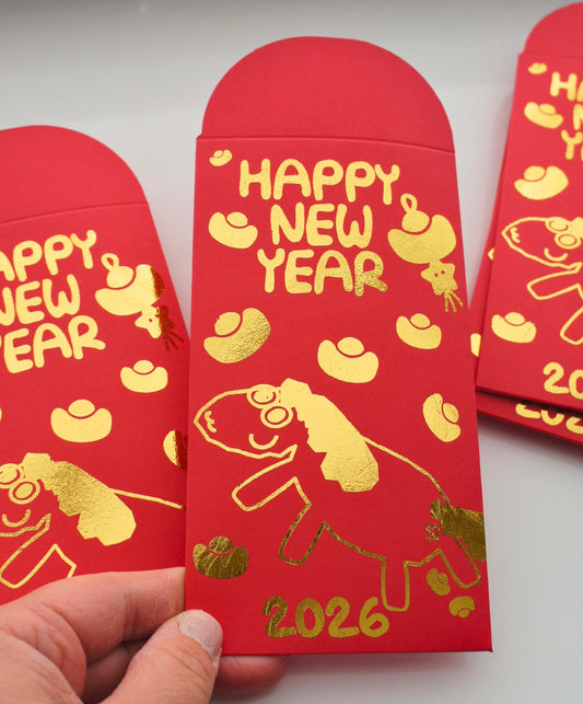 2026 Limited Edition Handmade Gold-Foiled Red Envelopes (Lunar New Year, Year of the Horse) - Set of 3 in English